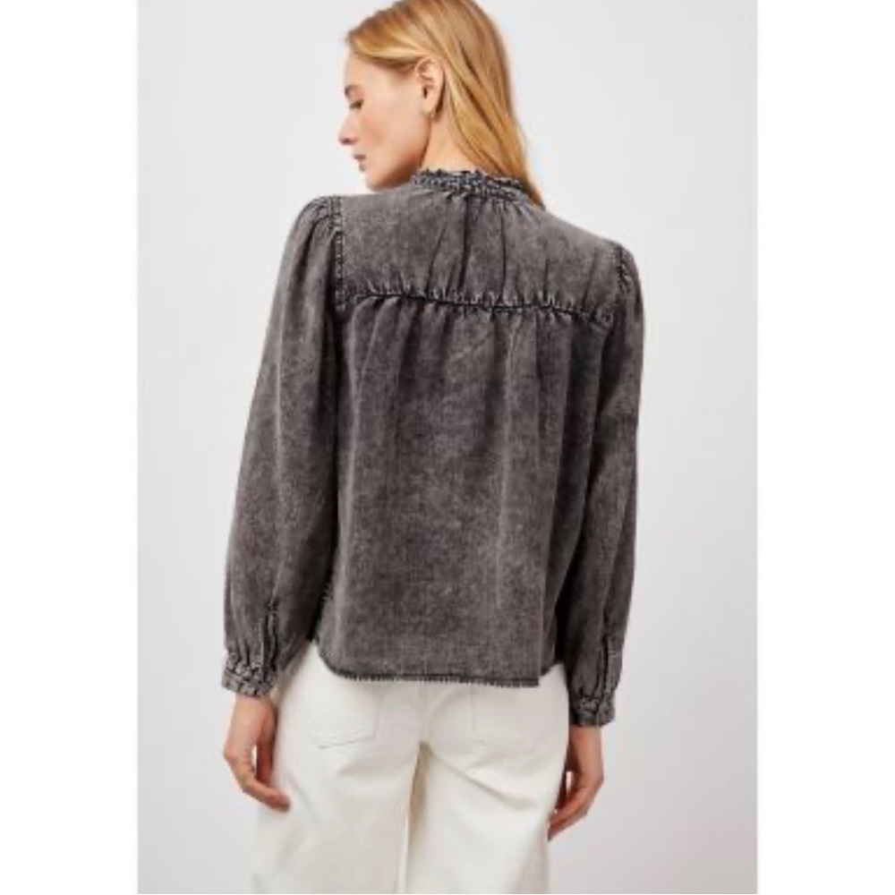 Rails Camille button down shirt Linen Blend black acid wash grey small Ruffle - Picture 3 of 9
